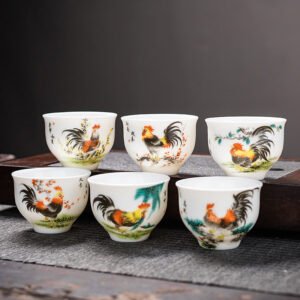 Lot de 6 tasses en porcelaine – Motif traditionnel de coq, style chinois raffiné